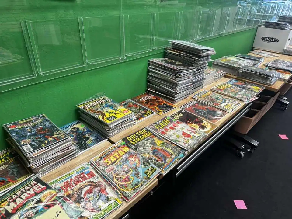Stacks of comics being sorted and organized for Big Mike's inventory