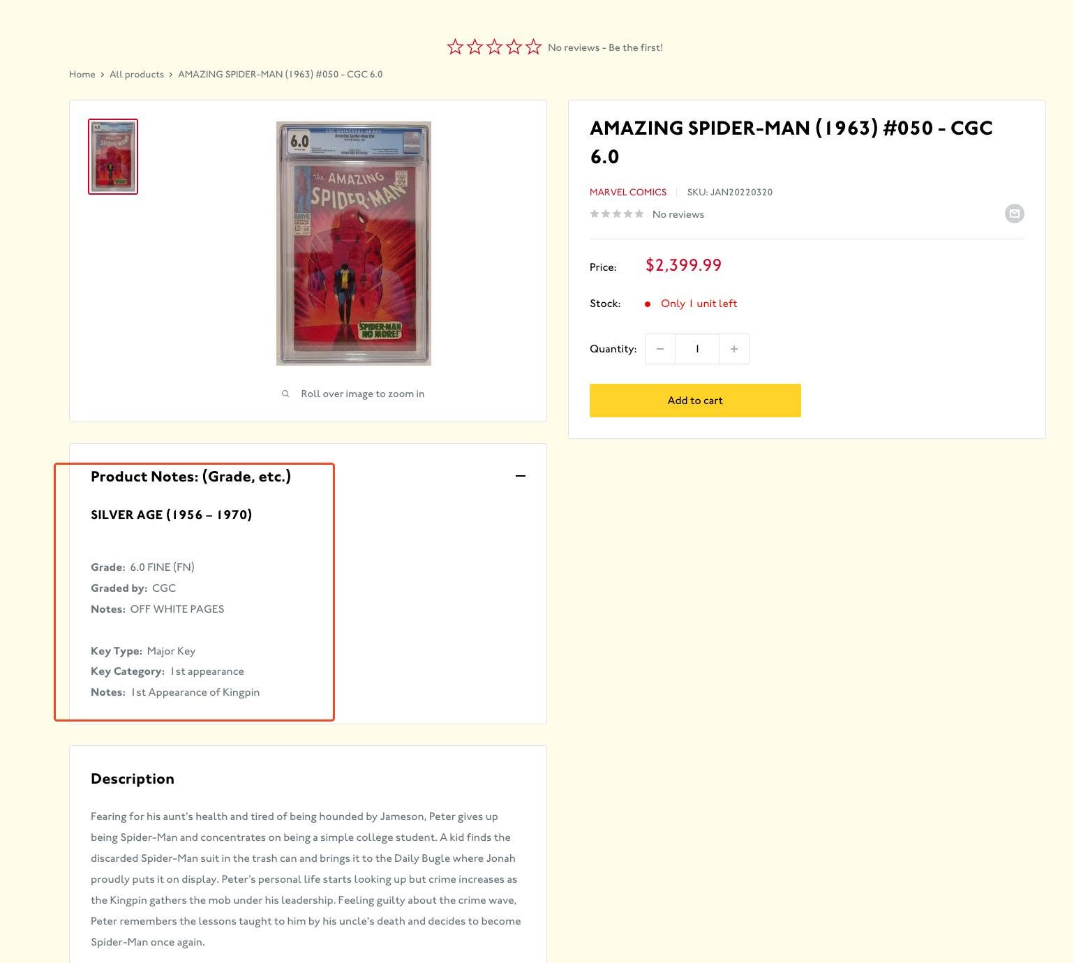 Hill City Comics live product page for a CGC 6.0 Amazing Spider-Man #50 showing custom Product Notes section with grade, graded-by, key type, and key category fields