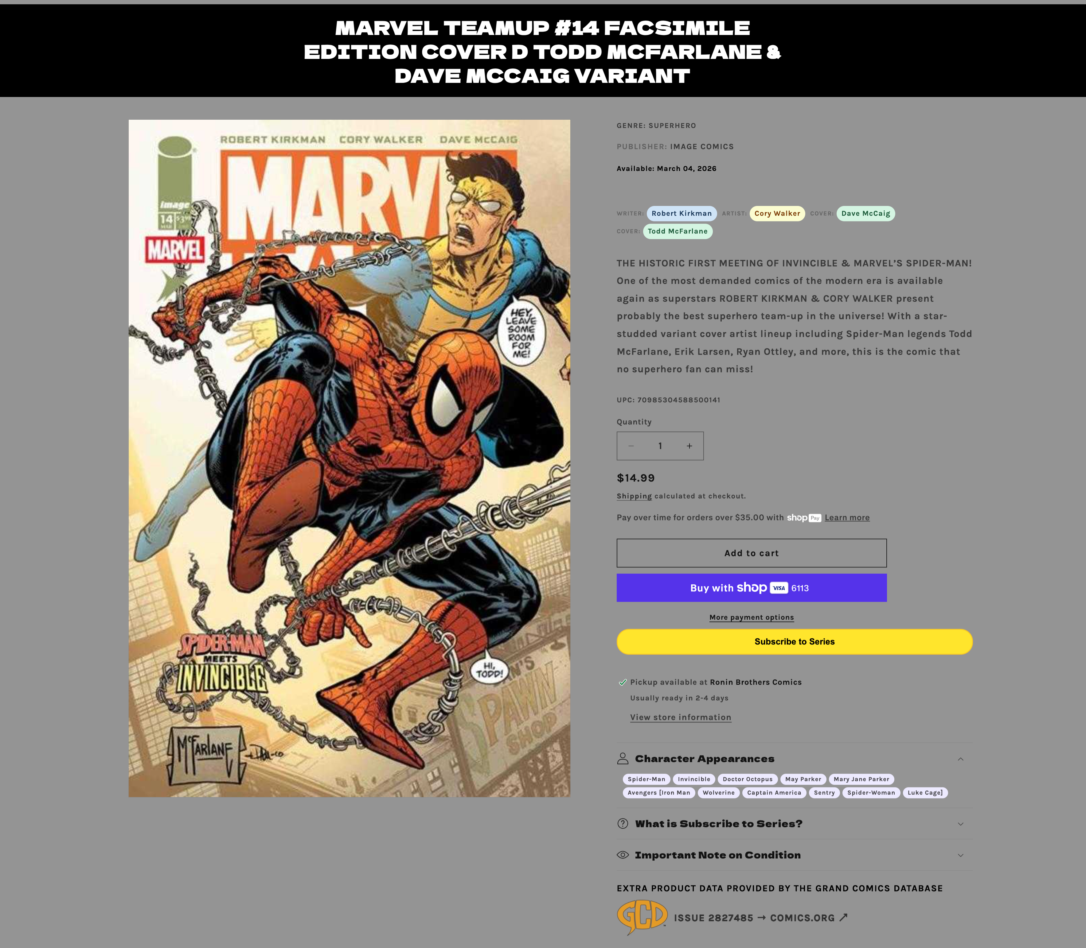 Ronin Brothers Comics live product page showing clickable Character Appearances and creator tags with direct Grand Comics Database sourcing attribution