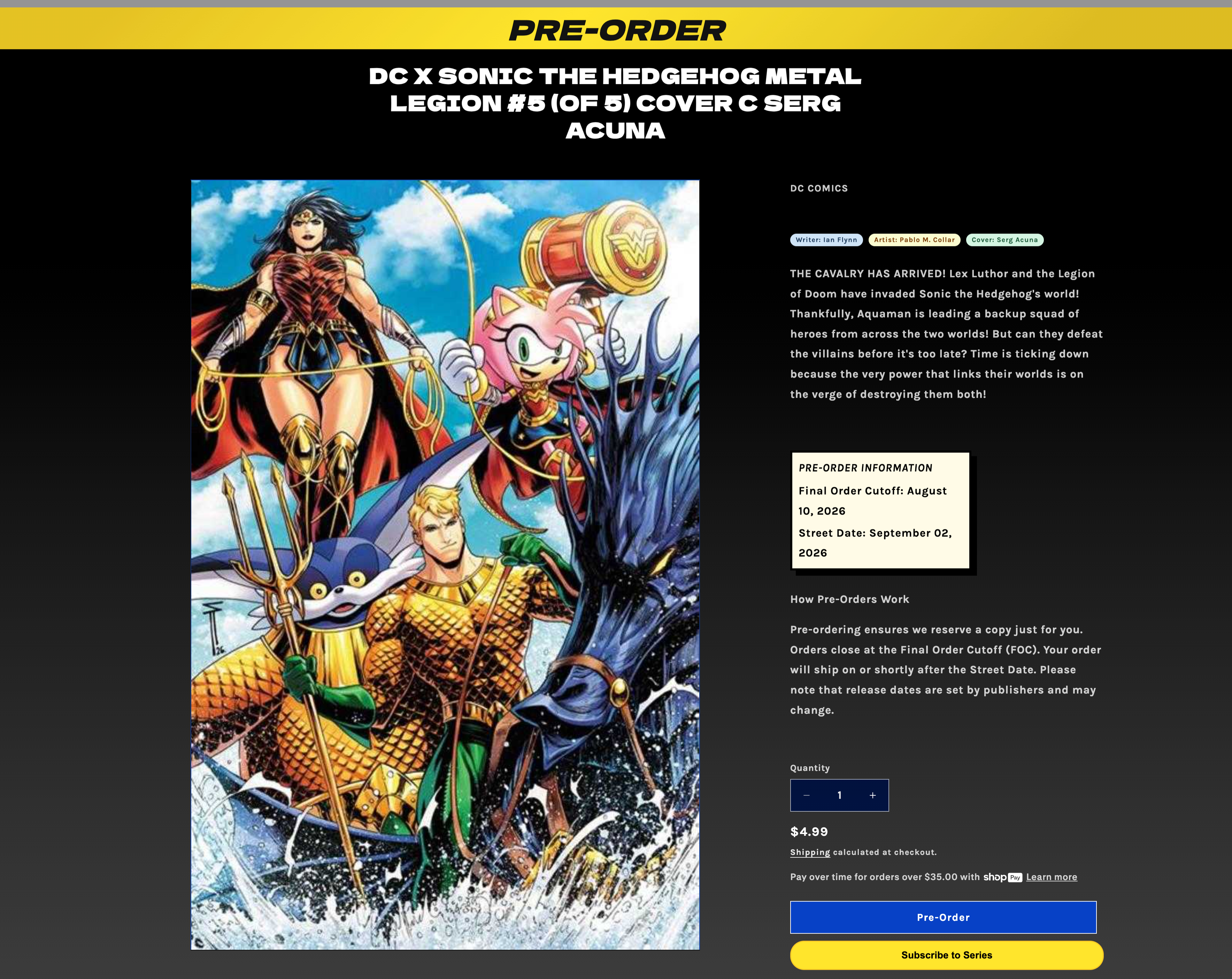 Ronin Brothers live presale listing showing Final Order Cutoff and Street Date automation working on a real product