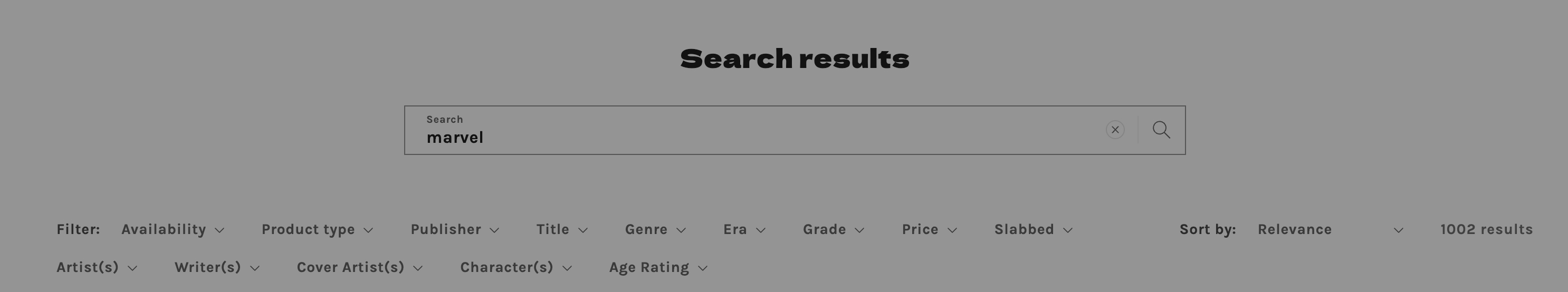 Ronin Brothers filtered search results showing Artist(s), Writer(s), Cover Artist(s), Character(s), and Era as live working filters across 1,000+ products